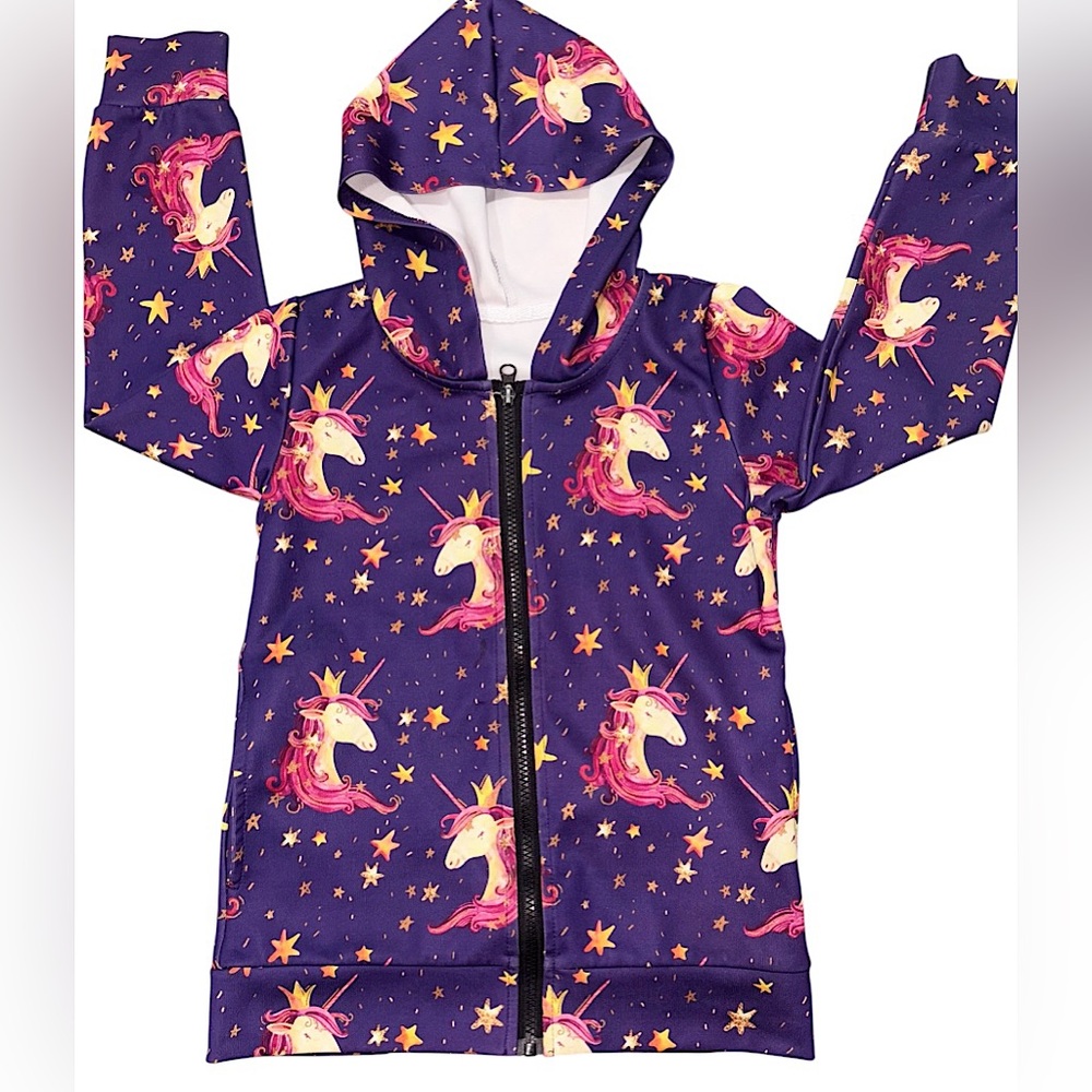 Girls Pink and Purple Unicorn Hoodie Zip Up Hooded Jacket size 6-7y